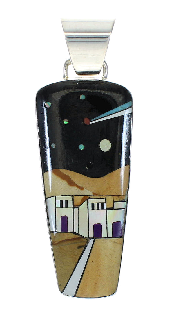 Southwest Native American Pueblo Design Multicolor Silver Pendant MX64236